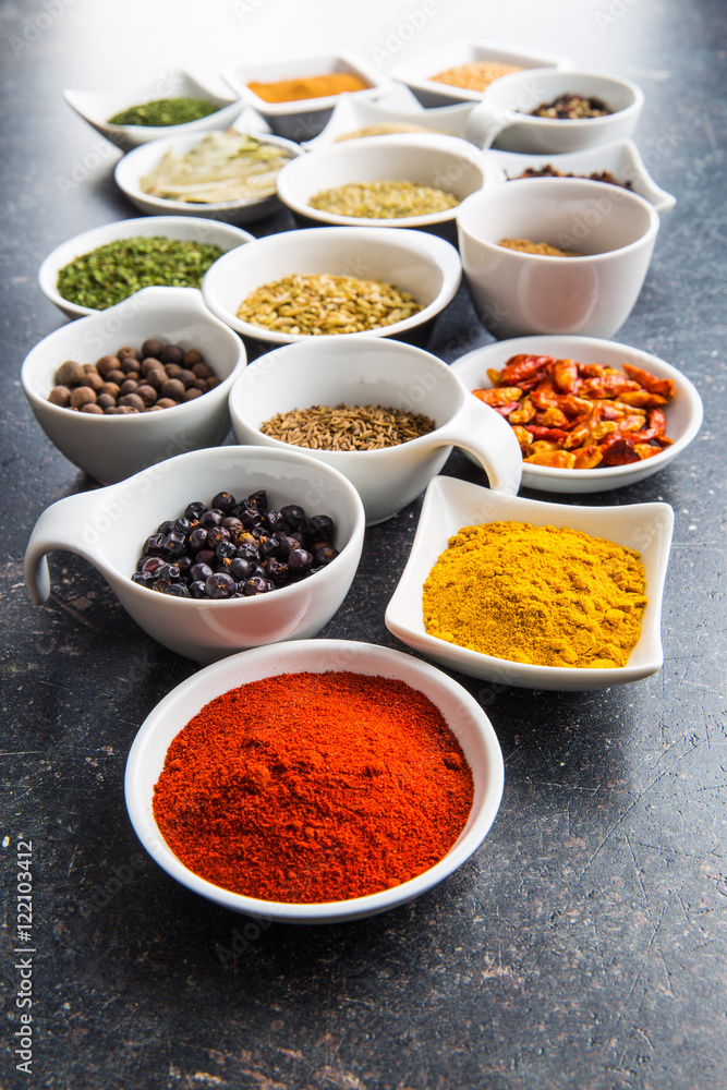 Various dried herbs and spices.