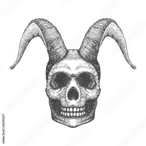 Skull with horns. Human skull with goat horns. Demon Head. A demon,  supernatural, malevolent. Witchcraft, occultism, mythology and folklore, religion attribute. Horned human skull t shirt print.