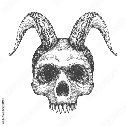 Skull with horns. Human skull with goat horns. Demon Head. A demon,  supernatural, malevolent. Witchcraft, occultism, mythology and folklore, religion attribute. Horned human skull t shirt print.