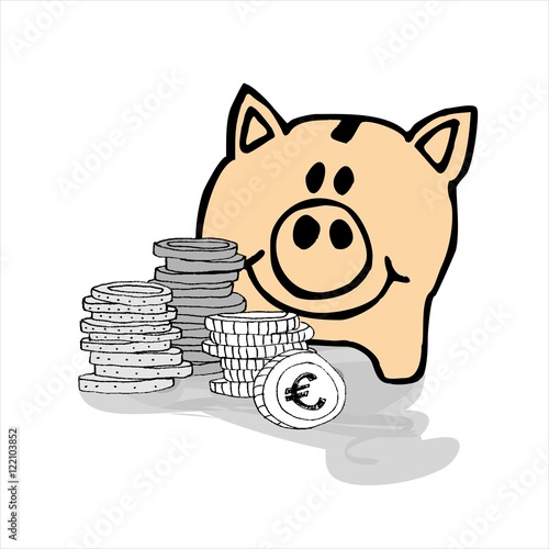 Sparschwein bewacht Geld und Finanzen - Zeichnung Illustration Grafik - rosa schwarz weiß grau