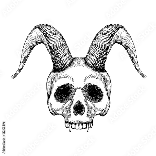 Grunge style art of human skull with goat horns. Print design. Demon Head. A demon,  supernatural, malevolent. Witchcraft, black magic, occultism, mythology and folklore, religion attribute. Vector.
