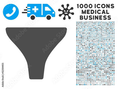 Filter icon with 1000 medical commercial gray and blue vector design elements. Clipart style is flat bicolor symbols, white background.