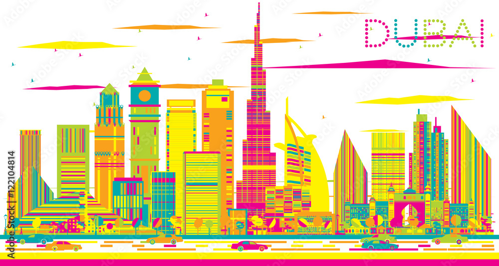 Abstract Dubai Skyline with Color Buildings.
