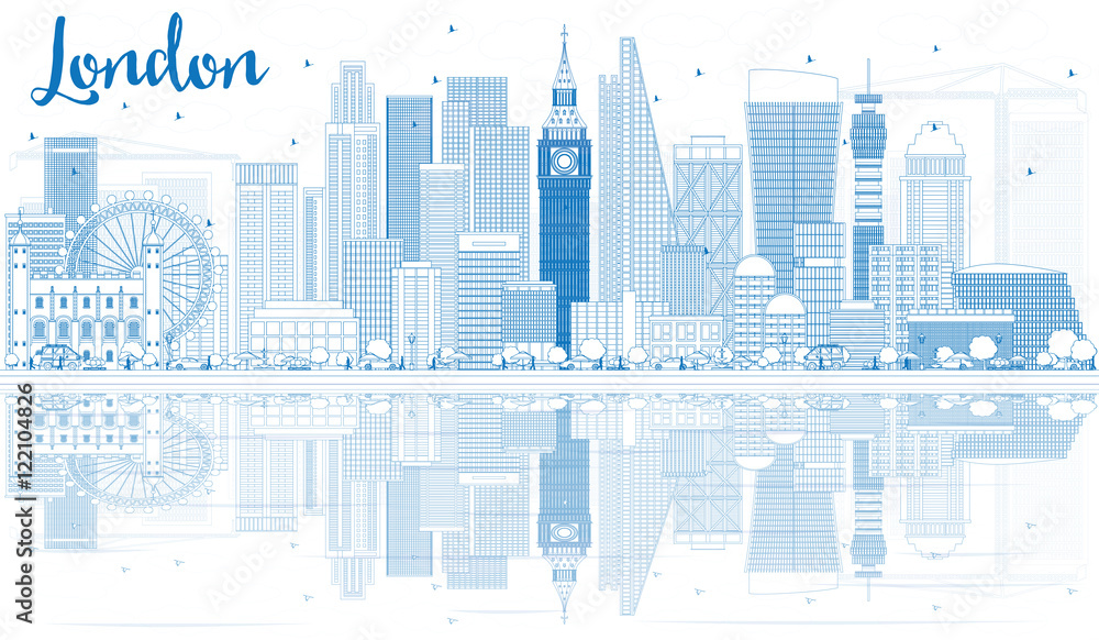 Outline London Skyline with Blue Buildings and Reflections.