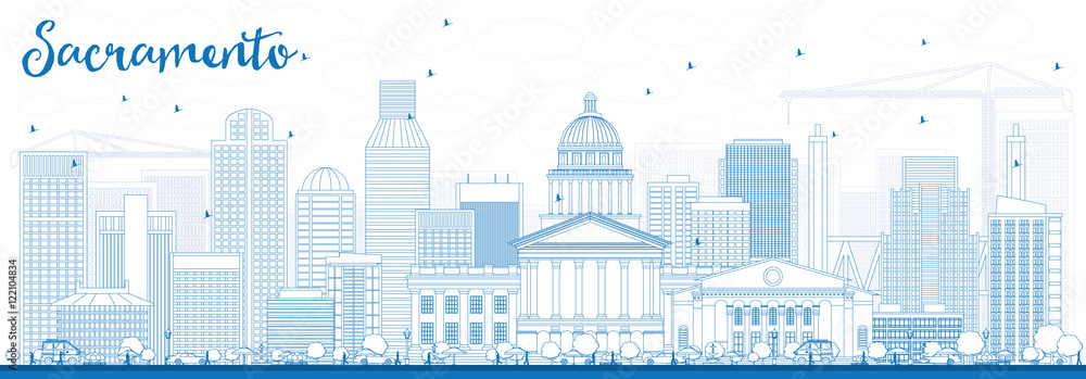 Outline Sacramento Skyline with Blue Buildings. Outline Sacramento Skyline with Blue Buildings.
