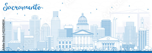Outline Sacramento Skyline with Blue Buildings.