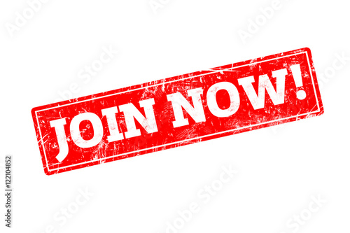 JOIN NOW written on red rubber stamp with grunge edges.