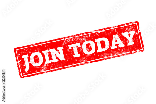 JOIN TODAY written on red rubber stamp with grunge edges.
