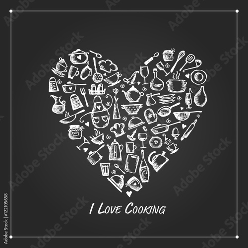 Heart shape made from kitchen utensils, sketch drawing for your design