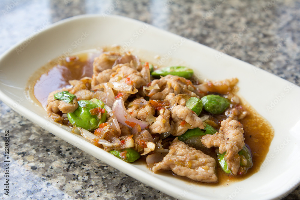 Thai food style. stir fried pork parkia with shrimp. Thai food style. stir fried pork parkia with shrimp.
