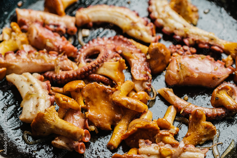 fried octopus with chanterelle fried octopus with chanterelle