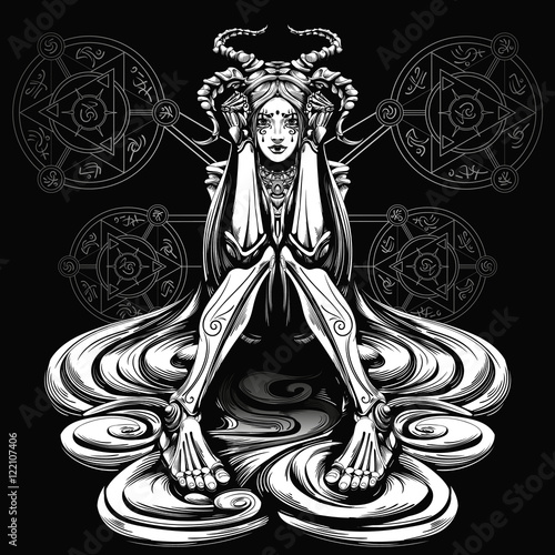 demon girl with long horns and hair, characters have no meaning, it is simply squiggles