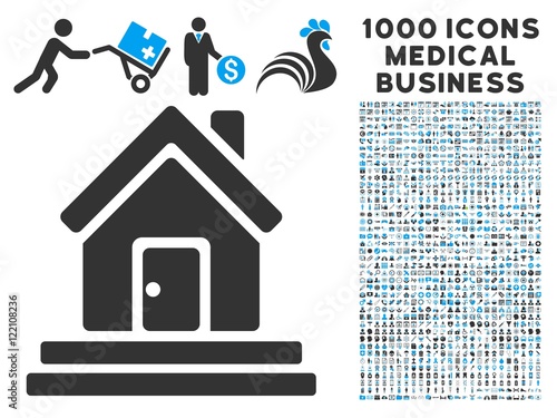 House Front Door icon with 1000 medical commerce gray and blue vector design elements. Collection style is flat bicolor symbols, white background.