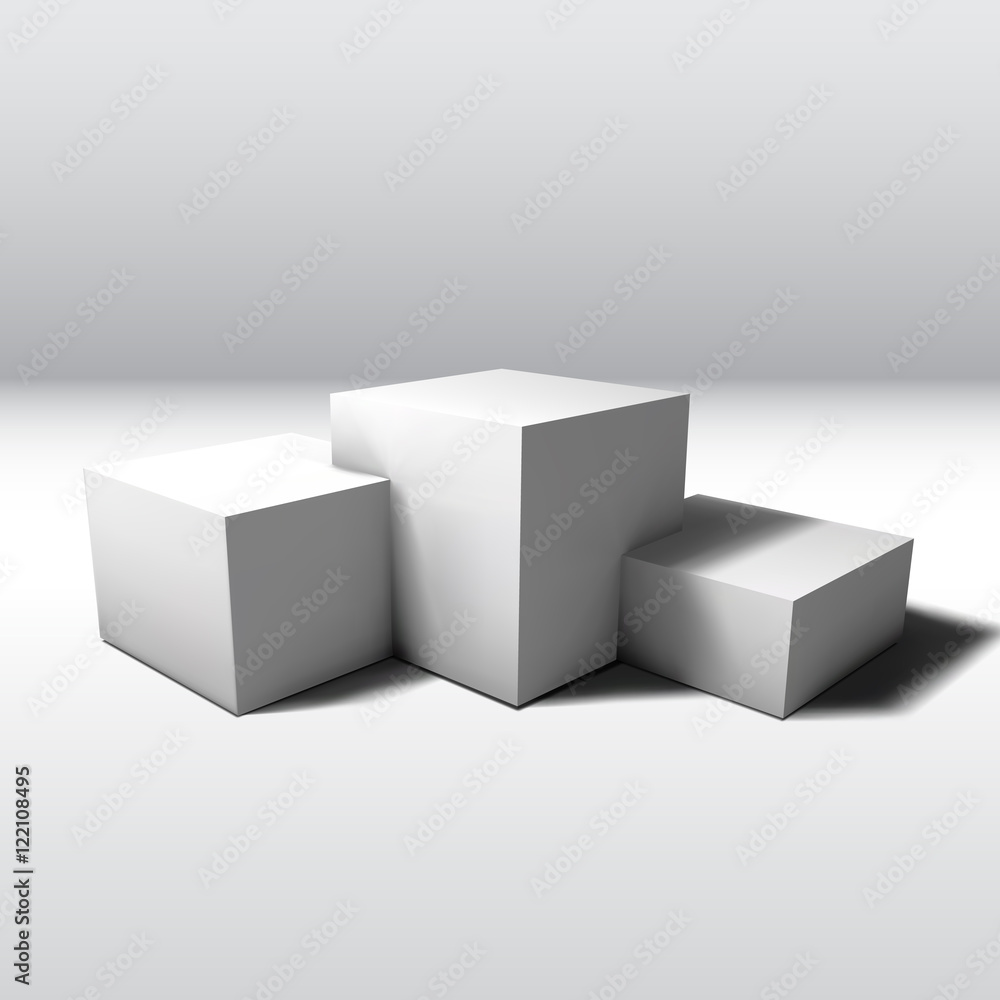 Pedestal with 3D cubes and realistic shadow in the room Pedestal with 3D cubes and realistic shadow in the room