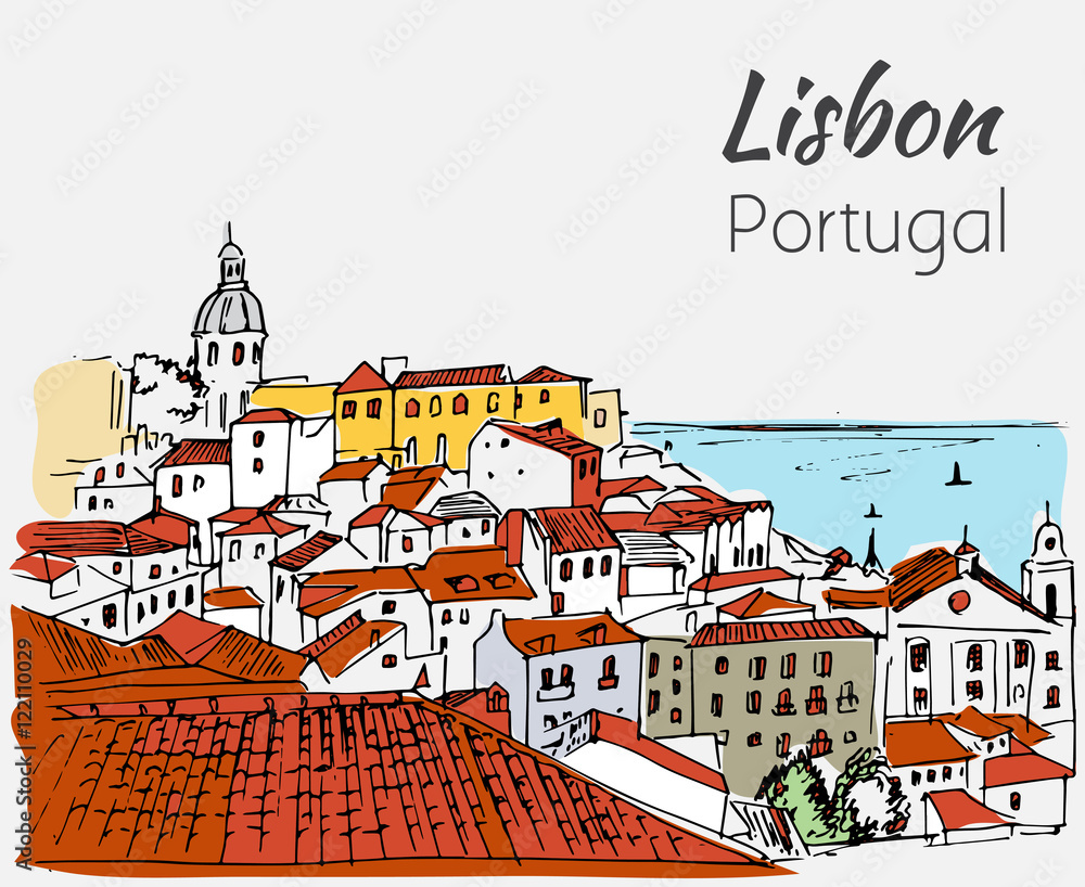 Lisbon cityscape - hand drawn sketch.