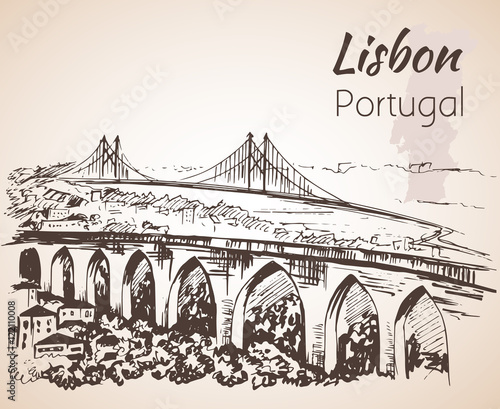 Lisbon cityscape with bridges - hand drawn sketch.