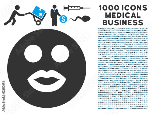 Lady Smile icon with 1000 medical commercial gray and blue vector pictograms. Clipart style is flat bicolor symbols, white background.