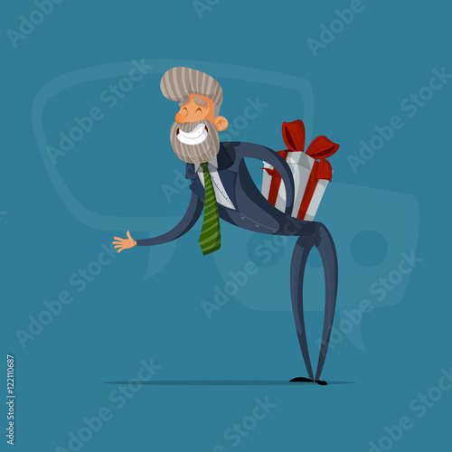 Happy businessman or manager greeted with a gift behind his back. Vector illustrations
