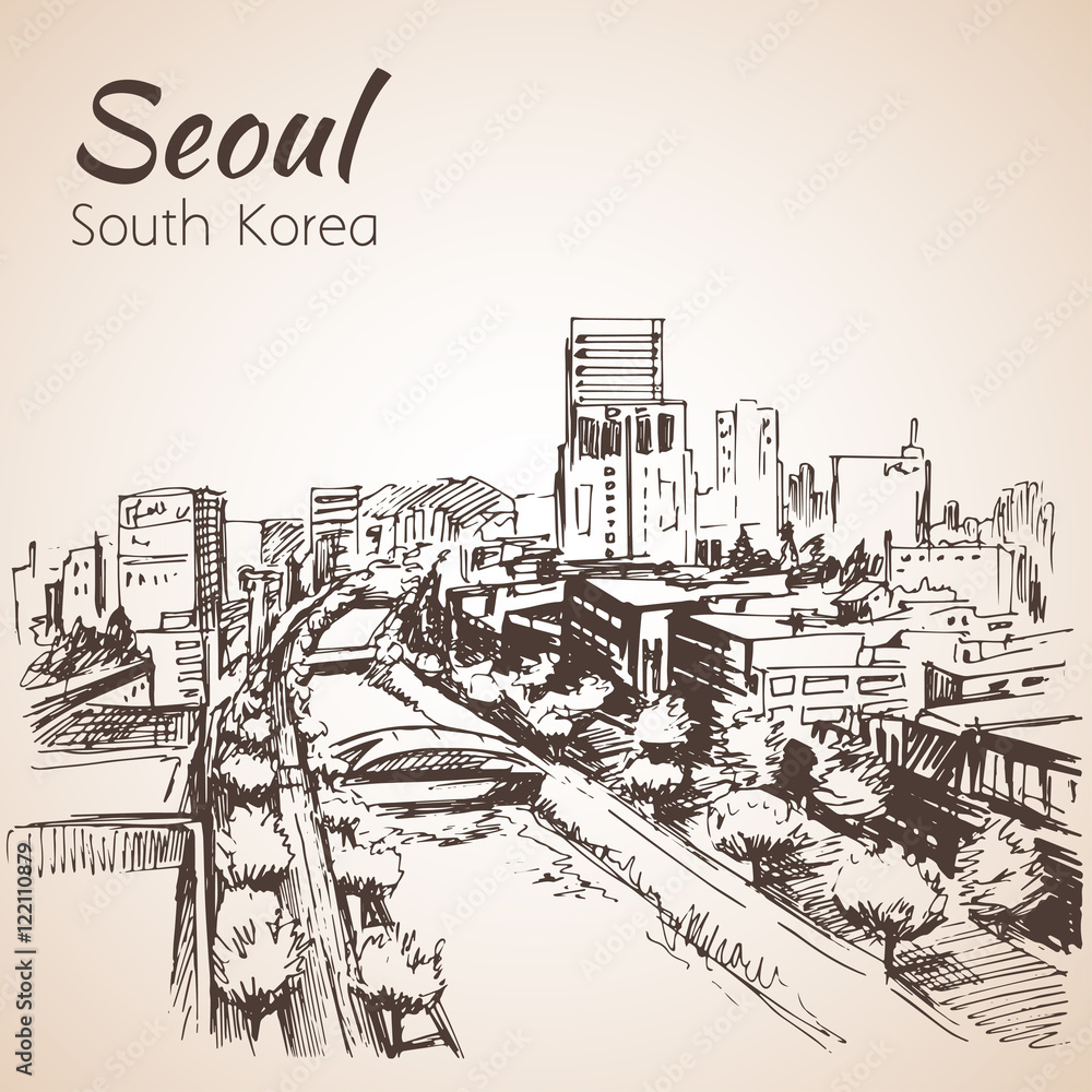 Seoul cityscape, hand drawn - South Korea. Sketch.