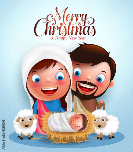 Belen with jesus born in manger, belen with joseph and mary vector characters  in christmas night with Merry Christmas greetings. Vector illustration
