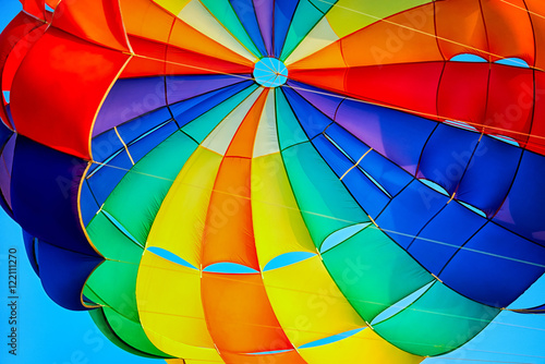 Canopy of a multicolor parachute in air. photo