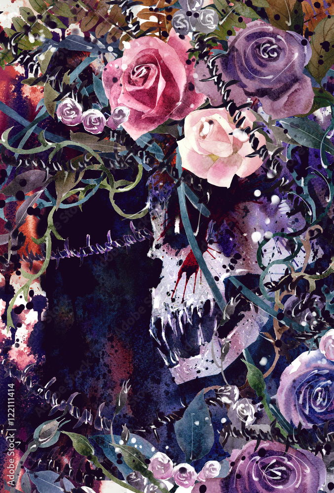 Fototapeta premium Watercolor painting Demon King skull Crown decorated with flowers