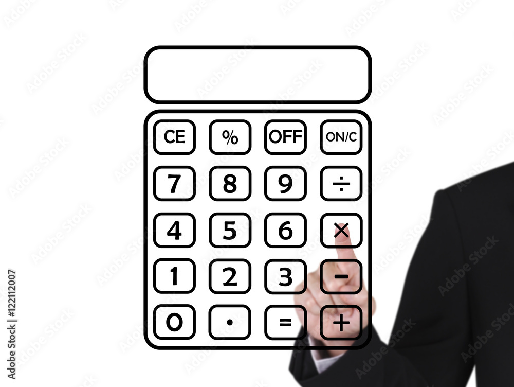 businessman press on blank black calculator businessman press on blank black calculator