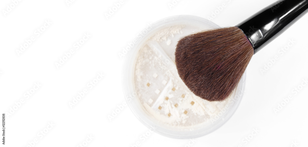 paintbrush with powder on white, top view paintbrush with powder on white, top view