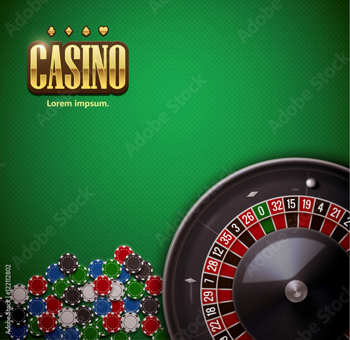 casino roulette wheel with  chips isolated on green  table reali