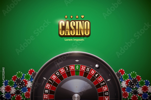 casino roulette wheel with  chips isolated on green  table reali
