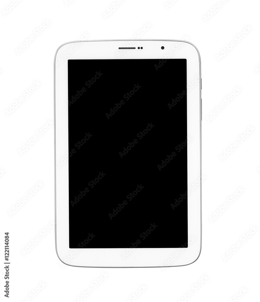 white tablet with black display on top view, isolated on white white tablet with black display on top view, isolated on white
