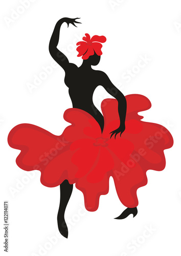 Beautiful graceful woman dancing Spanish dance flamenco. Black silhouette, the dress is styled in the shape of a red flower. Set.