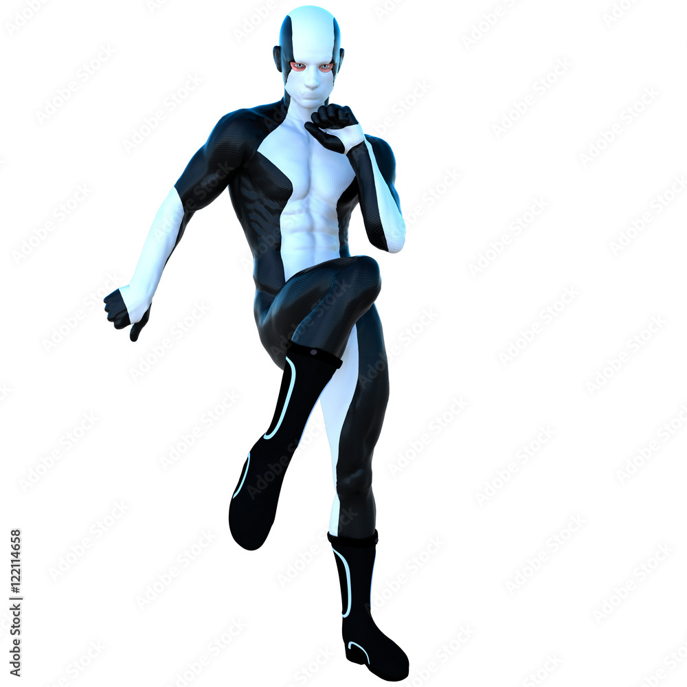 a young strong man in white and black super suit. Doing the exercises standing
