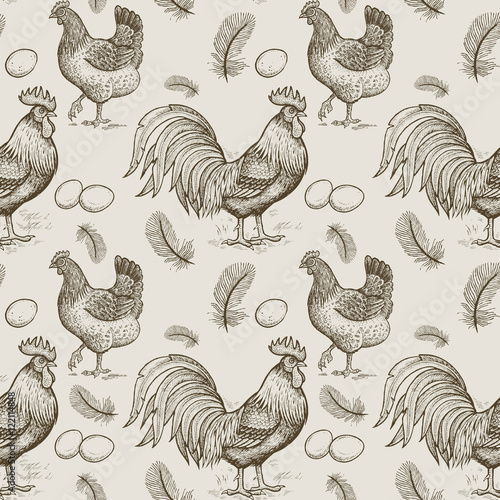 Seamless pattern with chickens and roosters.