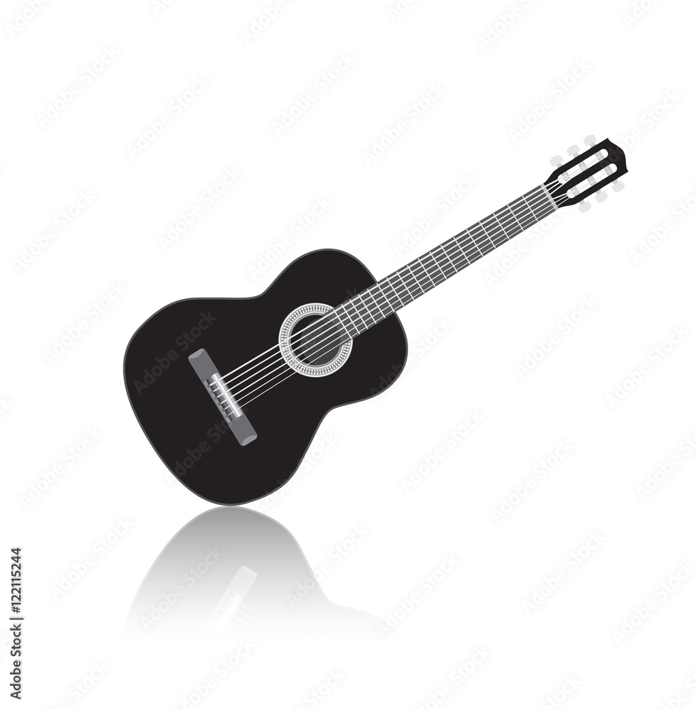 Acoustig black guitar, isolated musical instrument with reflection. Vector illustration