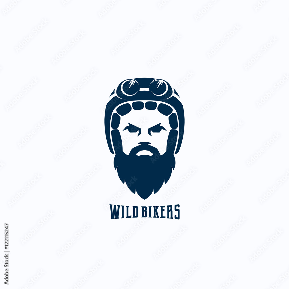 Flat Style Biker Face Abstract Vector Logo Template. Bearded Man in Helmet with Goggles Silhouette. Rider Symbol or Icon. Retro Typography.