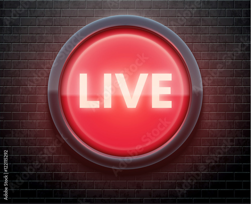 glowing live red sign isolated on black brick wall