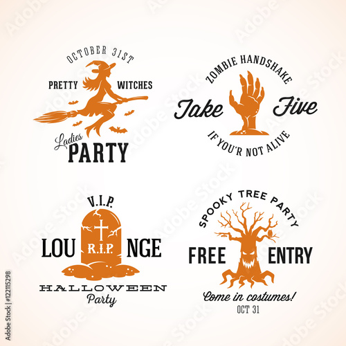 Vintage Halloween Vector Badges or Labels Templates. Witch, Zombie Hand, Grave and Spooky Tree Symbols with Retro Typography.