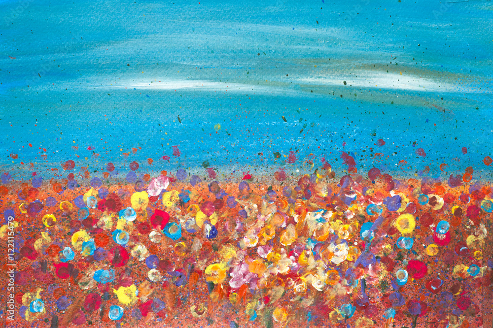 Fototapeta premium Acrylic painting of colorful wildflower field with blue sky, red, yellow, orange,white, purple flower, hand painted, impressionist style