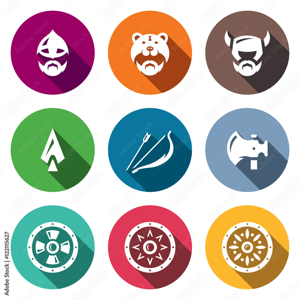 Vector Set of Viking Weapons Icons. Head, Man, Helmet, Ax, Spear, Bow and Arrow, , Shield.