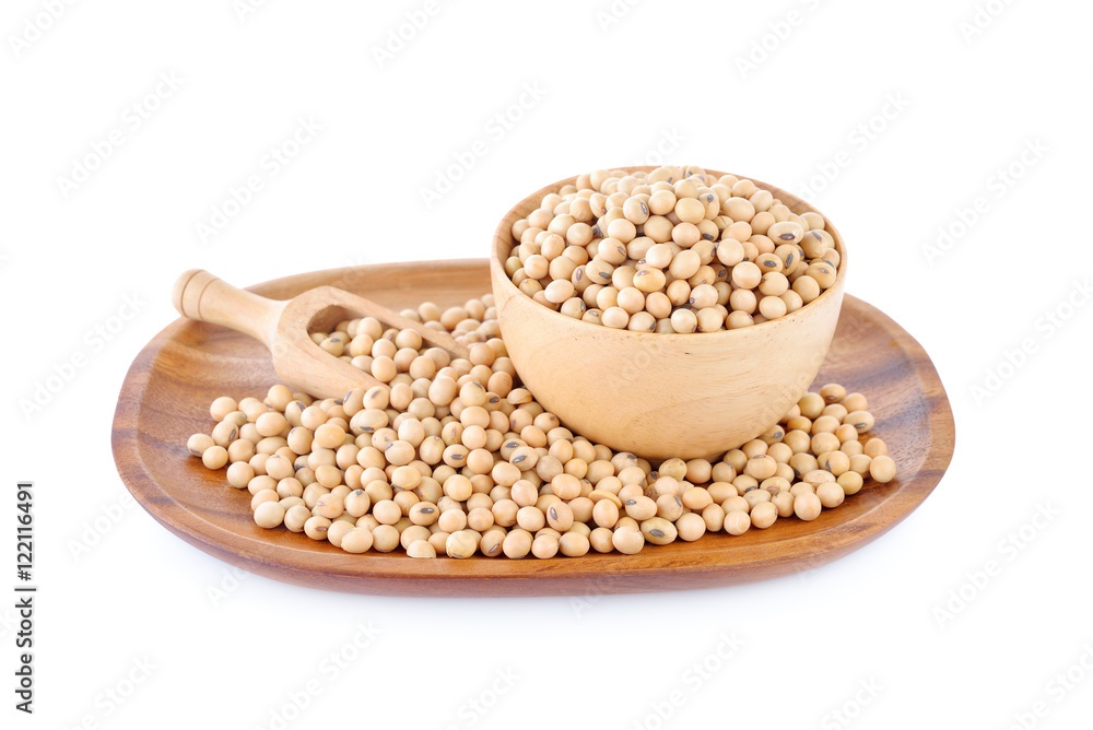 soybean in wooden bowl and plate on white background soybean in wooden bowl and plate on white background