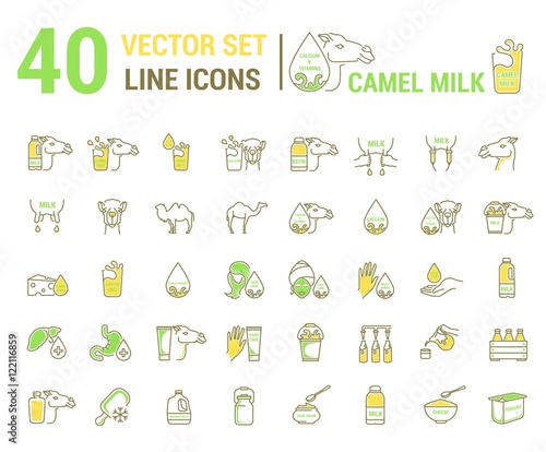 Set vector icon graphic thin outline in a linear design. Element emblem symbols. camel's milk. Organic product. Milk cosmetics for hand care, hair care, treatment liver and body