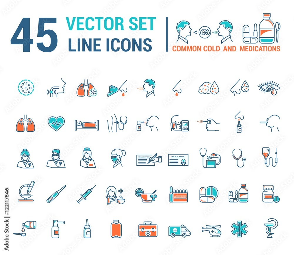 Vector graphic set in linear design. symbol and element. ?ommon cold. Symptoms. Medicaments tablets, antibiotics, treatment and prevention of disease. Doctor, nurse, stethoscope, blood pressure cuff. Vector graphic set in linear design. symbol and element. ?ommon cold. Symptoms. Medicaments tablets, antibiotics, treatment and prevention of disease. Doctor, nurse, stethoscope, blood pressure cuff.