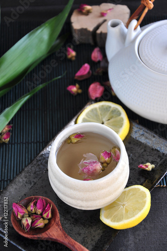 Rose Tea with Lemon on Tray