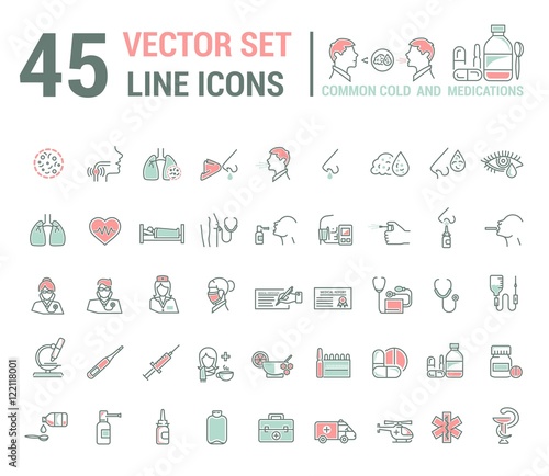Vector graphic set in linear design. symbol and element. ?ommon cold. Symptoms. Medicaments tablets, antibiotics, treatment and prevention of disease. Doctor, nurse, stethoscope, blood pressure cuff.