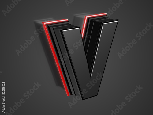 Futuristic uppercase Letter V - black glossy extruded letter with red neon light outline