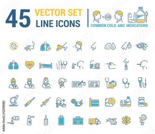 Vector graphic set in linear design. symbol and element. ?ommon cold. Symptoms. Medicaments tablets, antibiotics, treatment and prevention of disease. Doctor, nurse, stethoscope, blood pressure cuff.