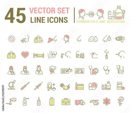 Vector graphic set in linear design. symbol and element. ?ommon cold. Symptoms. Medicaments tablets, antibiotics, treatment and prevention of disease. Doctor, nurse, stethoscope, blood pressure cuff.