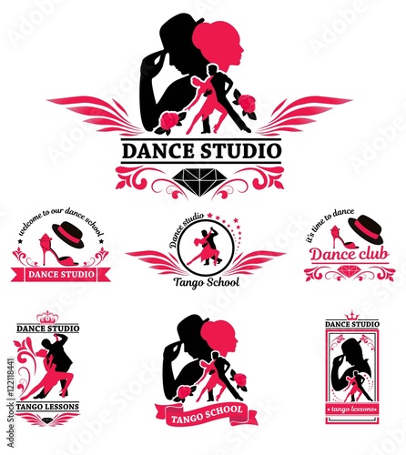 Set logo of dancing couple. Dancer tango illustrations. Dancing people set. The character set for tango. Use for tango studio poster, flayer, web-sites. Tango inscription.