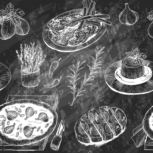 pattern with Italian meal, herbs and spices. Blackboard chalk